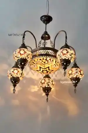 Mozaik Avize 5 Kollu Sarkıt Rustik Tavan Lambası Renkli Osmanlı Avize I-S-C-5330