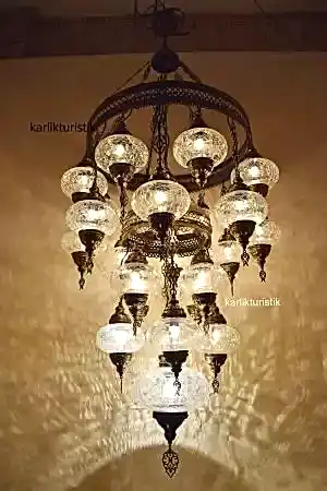 Osmanlı Lamba Avize 25 li Sarkıt Otantik Tavan Lambası Şeffaf Sarkıt I-S-C-5328