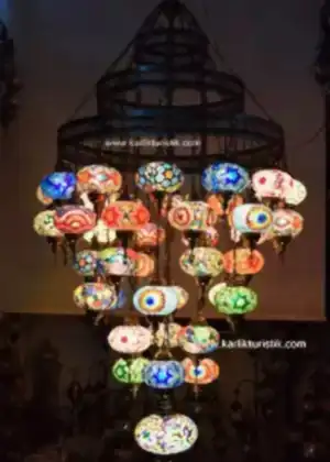Büyük Avize 43 küre,Türk Mozaik Avize,El Yapımı Mozaik Asılı Lamba, Osmanlı Kasnak