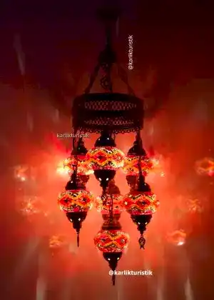 Türk Lambaları 6+1 , Türk Avizesi Renkli, Mozaik Lambalar, Osmanlı Lambaları ve Avizesi, Mozaik Avize, Dekoratif Asılı Lamba I-S-C-5306