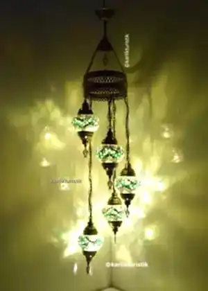 Türk Lambaları , Mozaik  Avize 5 li Helezon Metal Sıvama Otantik Aydınlatma orjinal I-S-C-5304