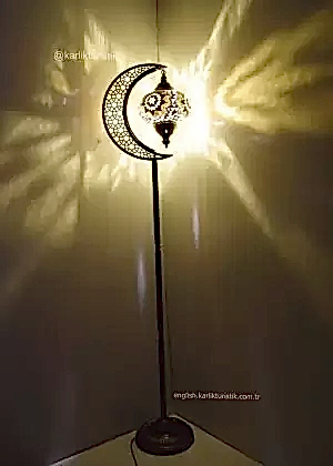 Mozaik Tekli Köşe Lambası Uzun Hilal Şeklinde Dekoratif Lambader  Gece Lambası