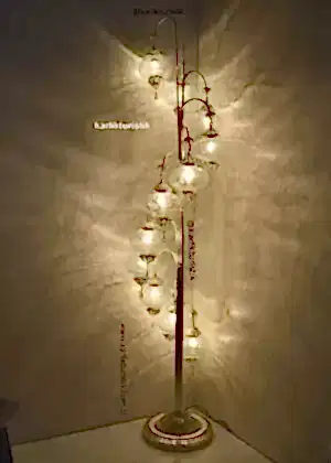 Türk Lambası Ayaklı 11 Küre Bakır Telkari Gümüş Kaplama Osmanlı Kırık Camlı, Türk Lambası Kırık Desenli,Türk Lambası Şeffaf Cam