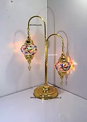 Mozaik masa lambası Çift Cam Altın Kaplama, Türk Abajur, Tiffany Lamba, Ayaklı Lamba El Yapımı Zemin Lambası  Altın Renk