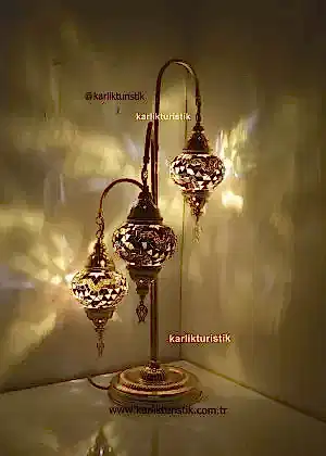 Mozaik Lamba Dekoratif Gece Lambası Mozaik Lambader 3Lü oltalı Altın Kaplama