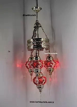 Mozaik Lamba Avize 4lü Gümüş Kaplama Sarkıt Rustik Tavan Lambası Renkli Osmanlı Avize I-S-C 5321