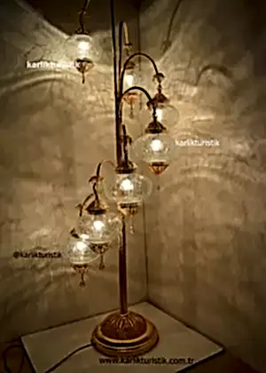 Lambader Şeffaf Cam Çatlatma Desen, Otantik Ayaklı Lamba 7 camlı, Osmanlı Tarzı Lambader  Altın Kaplama Özel Seri Telkari Bakır