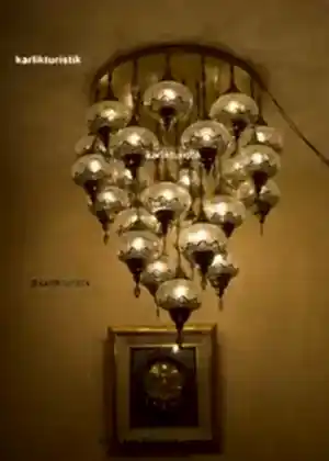 Otel Avizesi, Ev Avizesi, Dekoratif Restoran Lambası 25 li kısa osmanlı lamba, türk yapımı otantik aydınlatma şefaf çatlak camı lazerli