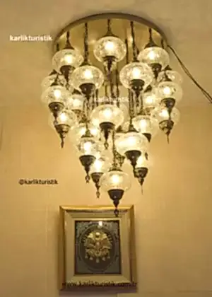 Otel Avizesi, Ev Avizesi, Dekoratif Restoran Lambası 25 li kısa osmanlı lamba, türk yapımı otantik aydınlatma şefaf çatlak camlı