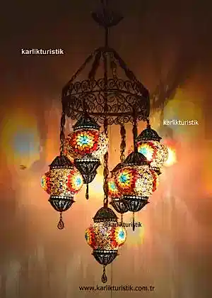 Mozaik Lamba Sarkıt,Türk Lamba Avize,Mozaik Lamba ,El Yapımı Telkari Sanatı Bakır Malzeme 7 li Avize