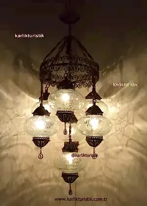Osmanlı avize&nbsp;Modelleri,Türk Lambası Avize,Çatlak Cam Lamba Askısı,Moraccon Lamba,El Yapımı Telkari sanatı Bakır Malzeme 7 li Avize