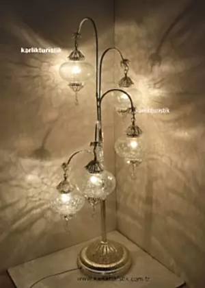 Lambader Şeffaf Cam Çatlatma Desen, Otantik Ayaklı Lamba 5 camlı, Osmanlı Tarzı Lambader Gümüş Kaplama Özel Seri Telkari