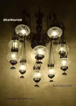 Hotel Avizesi Restorant İçin Lamba Telkari SANAT Bakır Malzeme Avize 10 kollu 11 li  Osmanlı Şefaf Çatlak Camlı antik sarkıt lamba