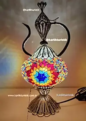 İbrik şeklinde lamba aydınlatma armatürü telkari  sanat bakır mozaik masa lambası Osmanlı  lambası - F-T-205 GÜMÜŞ KAPLAMALI