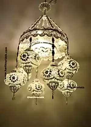 Ev Sarkıt Lambaları  Otel Avize Aydınlatma 8 mozaik cam Türk ışığı Bakır Telkari sanatı Gümüş Kaplama Beyaz Camlı Avize
