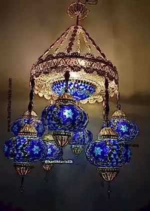 Ev Sarkıt Lambaları  Otel Avize Aydınlatma 8 mozaik cam Türk ışığı Bakır Telkari sanatı Gümüş Kaplama Mavi Camlı Avize