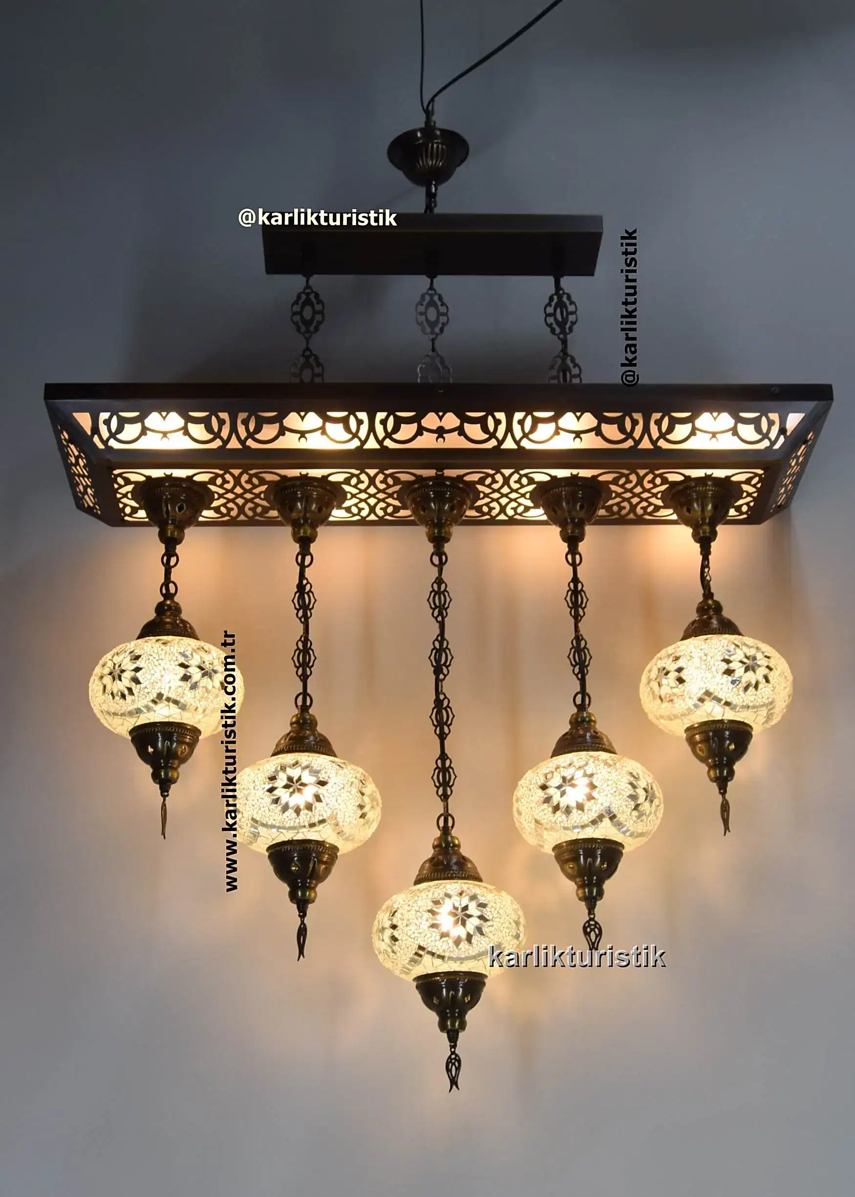 Modern Klasik Osmanlı Tarzı 5’li lale mozaik 16cm Camlı  Sarkıt Avize – El Yapımı Türk Lambası Seti, Dekoratif Mutfak & Restoran Avizesi