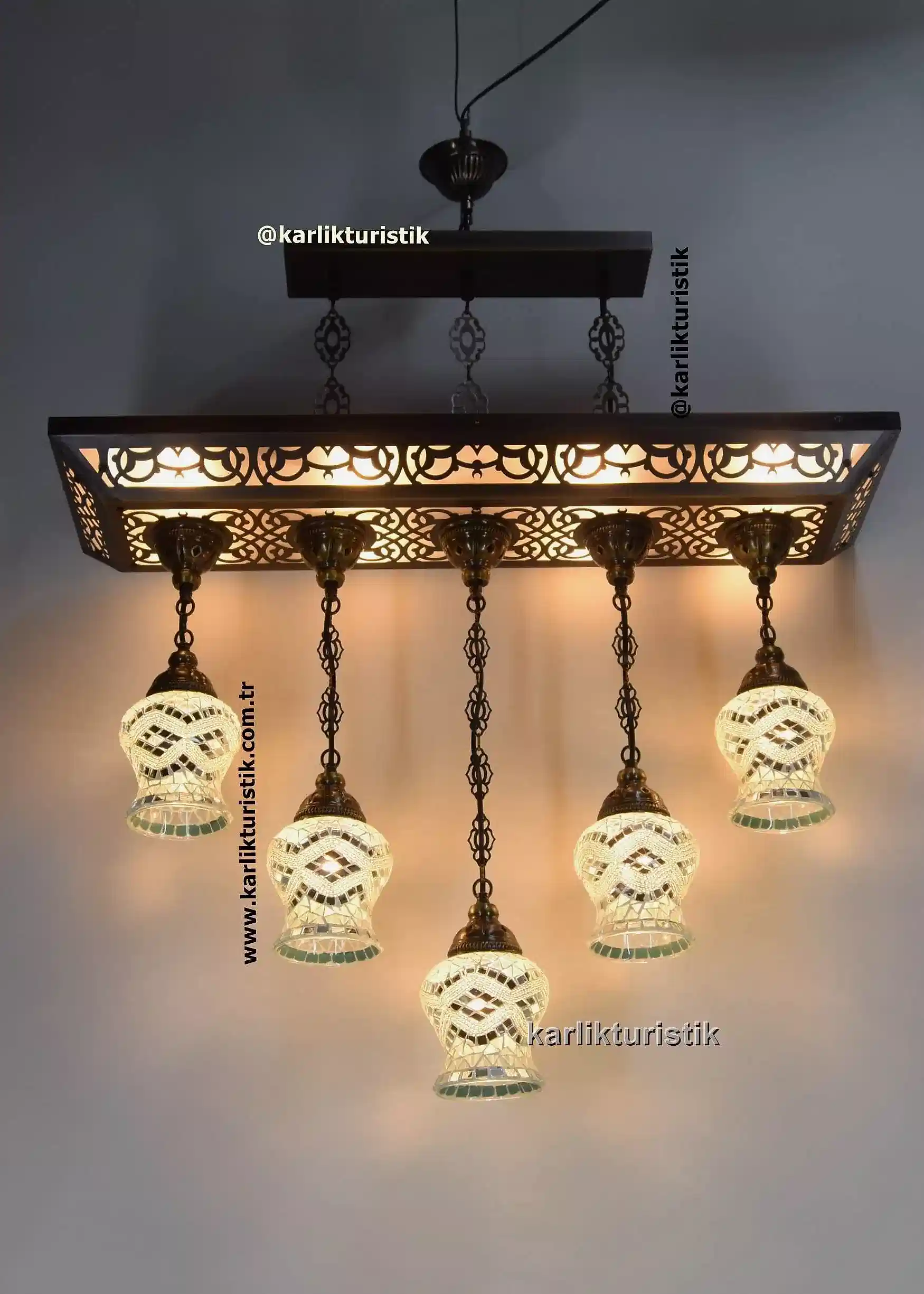 Modern Klasik Osmanlı Tarzı 5’li lale mozaik  Camlı Sarkıt Avize – El Yapımı Türk Lambası Seti, Dekoratif Mutfak & Restoran Avizesi